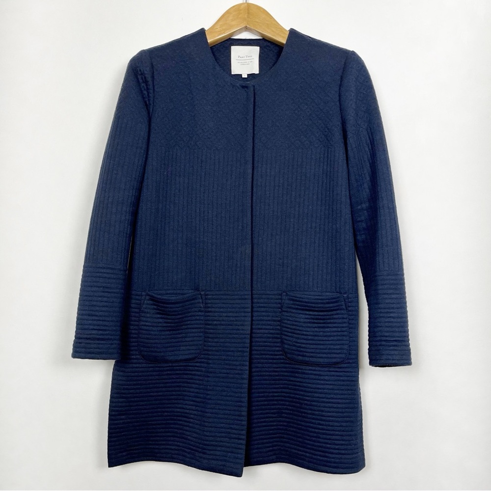 Part Two Navy Blue Long‎ Blazer Snap Buttons Cardigan with Pockets Size Small